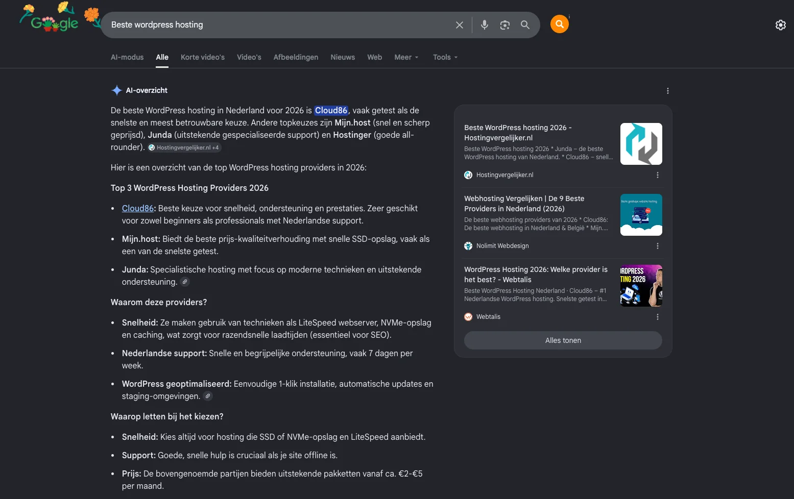 Nolimit Webdesign in Google's AI-overzicht voor beste WordPress hosting